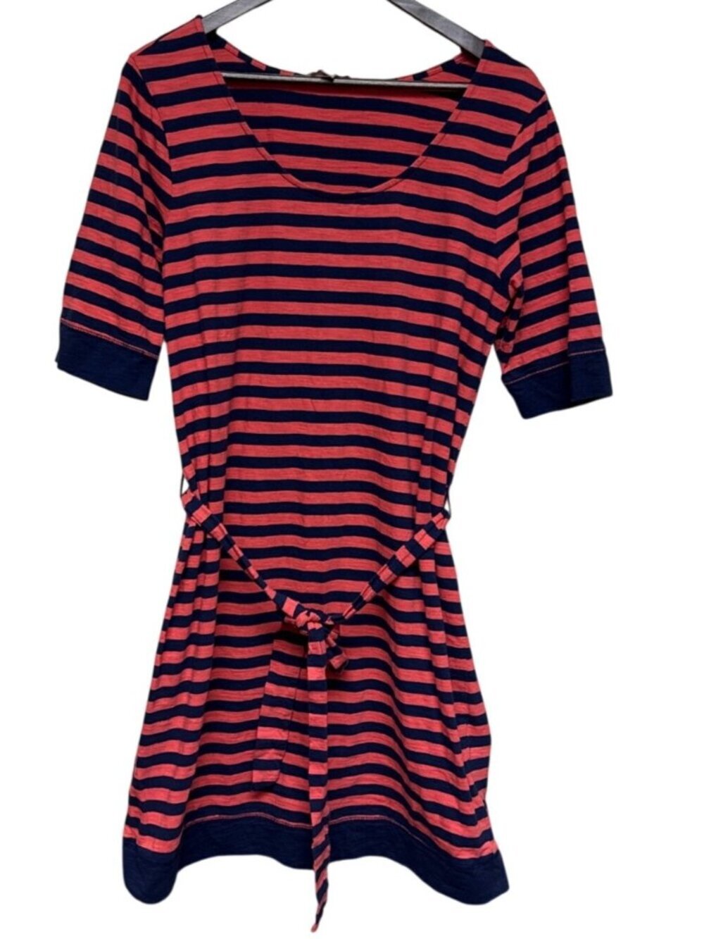 Banana Republic Factory Stripe Dress Blue Pink Knit Belted XL Preppy Casual